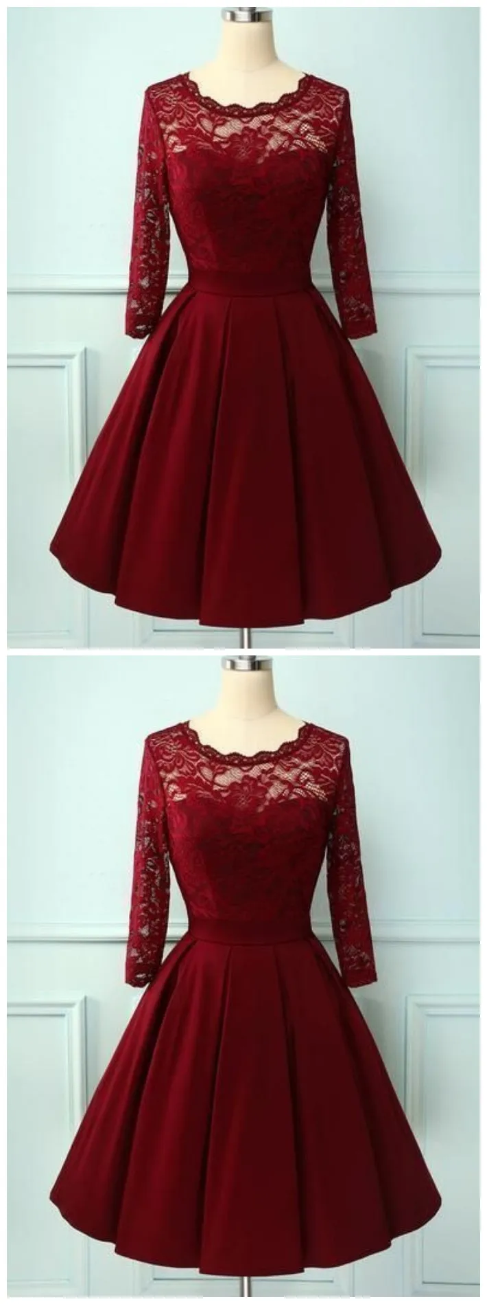 1950s Burgundy Lace Short Prom Dress with Sleeves,21121308