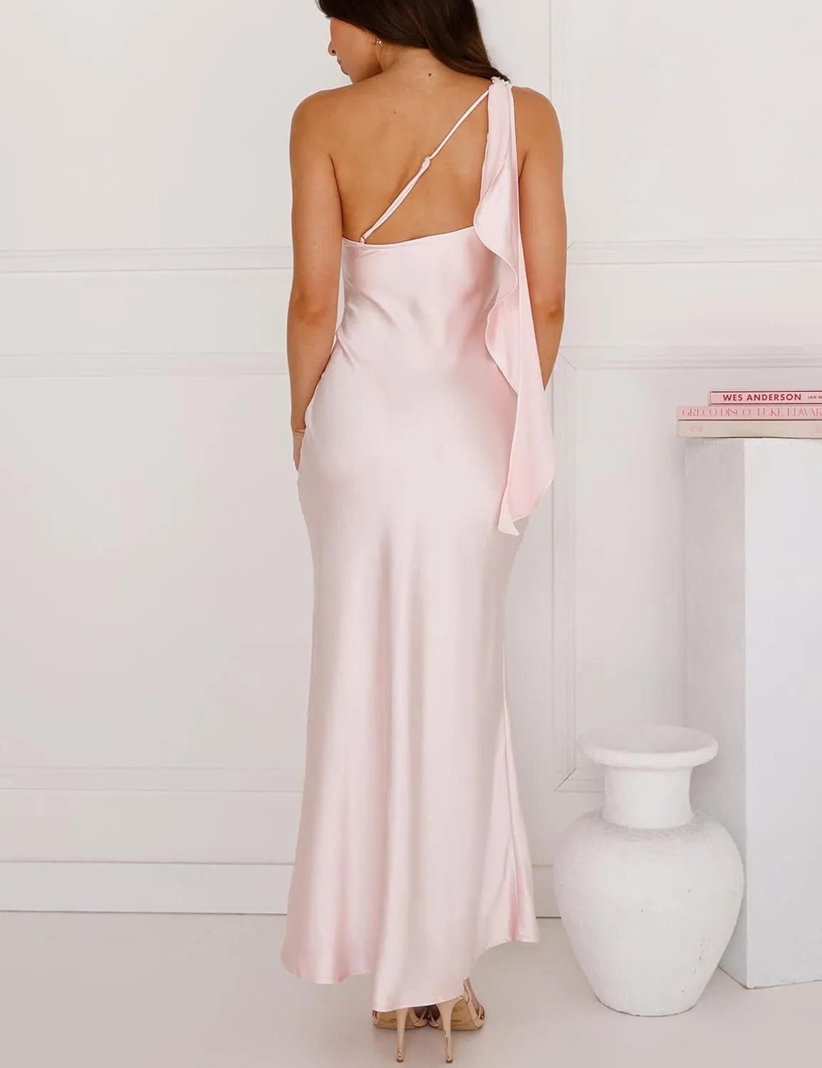 2025 Satin One Shoulder Maxi Dress for Women Summer Silk Formal Elegant Backless Ruffle Sleeveless Wedding Guest Dresses