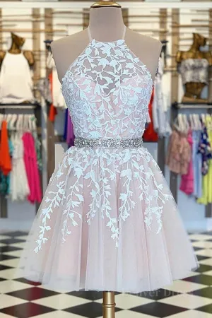 A Line Halter Neck Short Pink Lace Prom Dress with Belt Pink Lace Formal Graduation Homecoming Dress