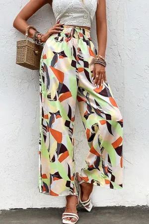 Abstract Printed Smocked Waist Wide Leg Pants
