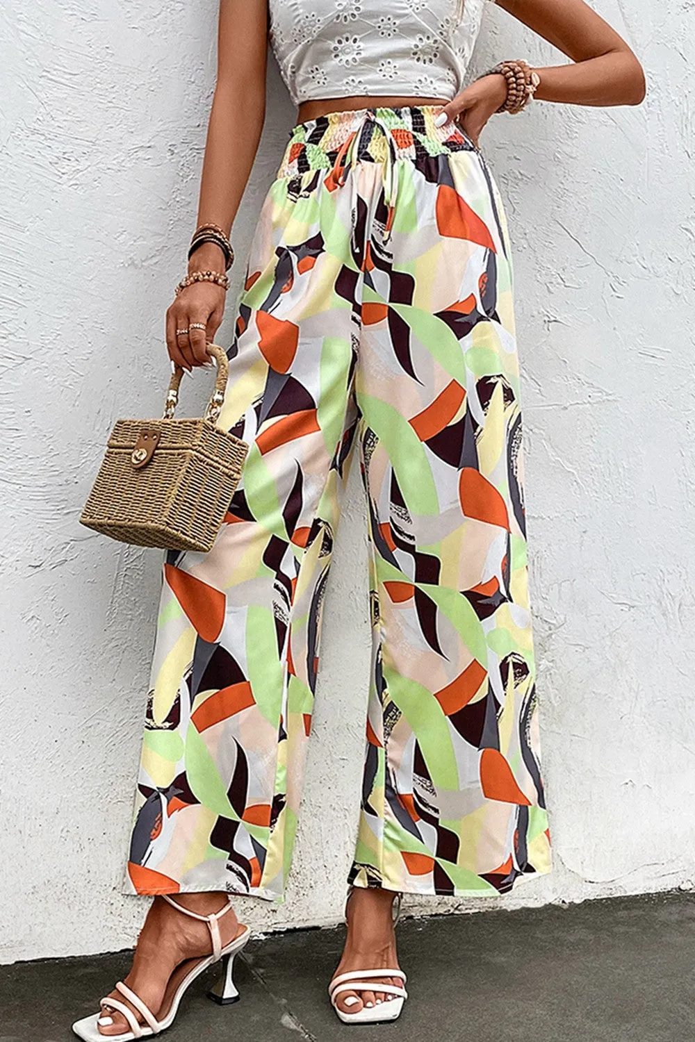 Abstract Printed Smocked Waist Wide Leg Pants