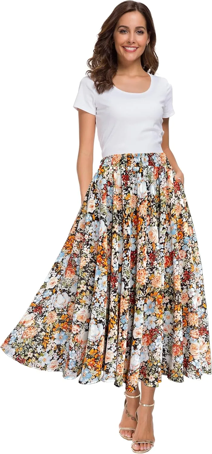 Afibi Women High Waist Floral Print Swing Chiffon Beach Midi Long Skirt with Pockets