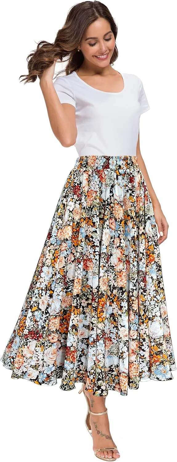 Afibi Women High Waist Floral Print Swing Chiffon Beach Midi Long Skirt with Pockets