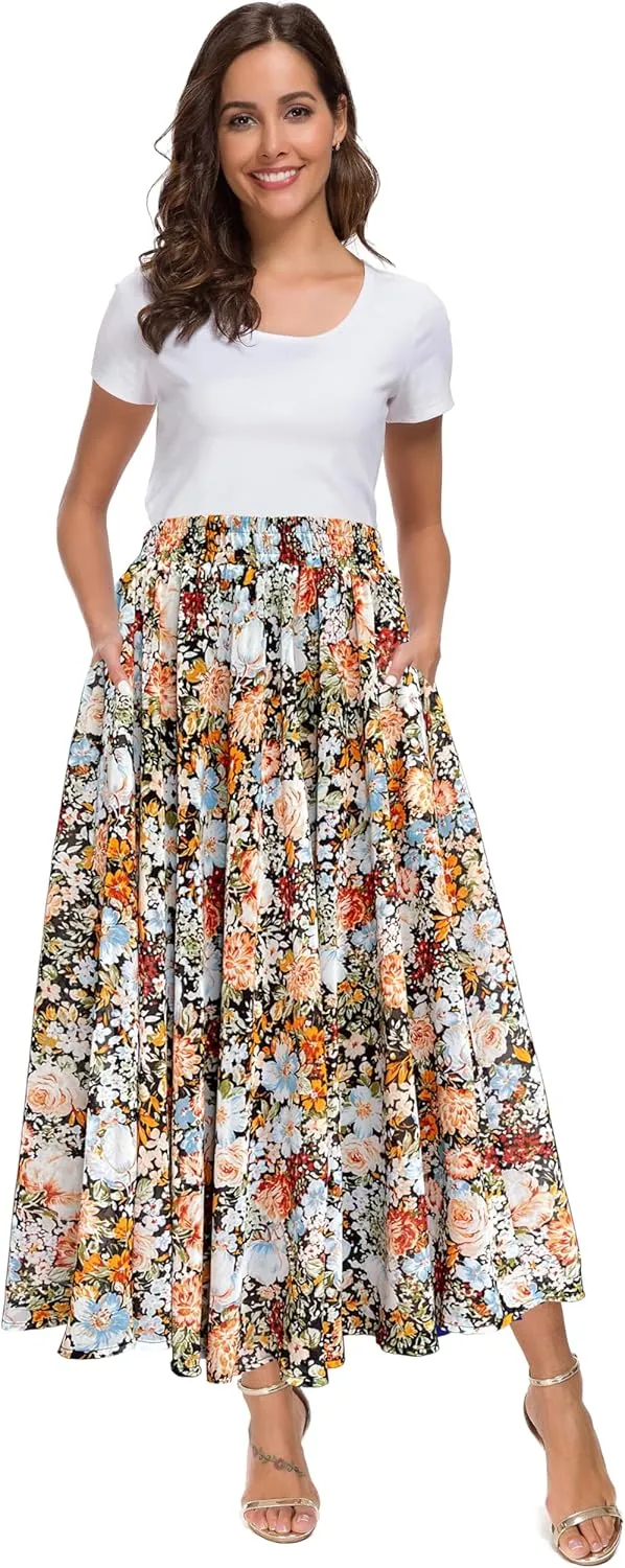 Afibi Women High Waist Floral Print Swing Chiffon Beach Midi Long Skirt with Pockets