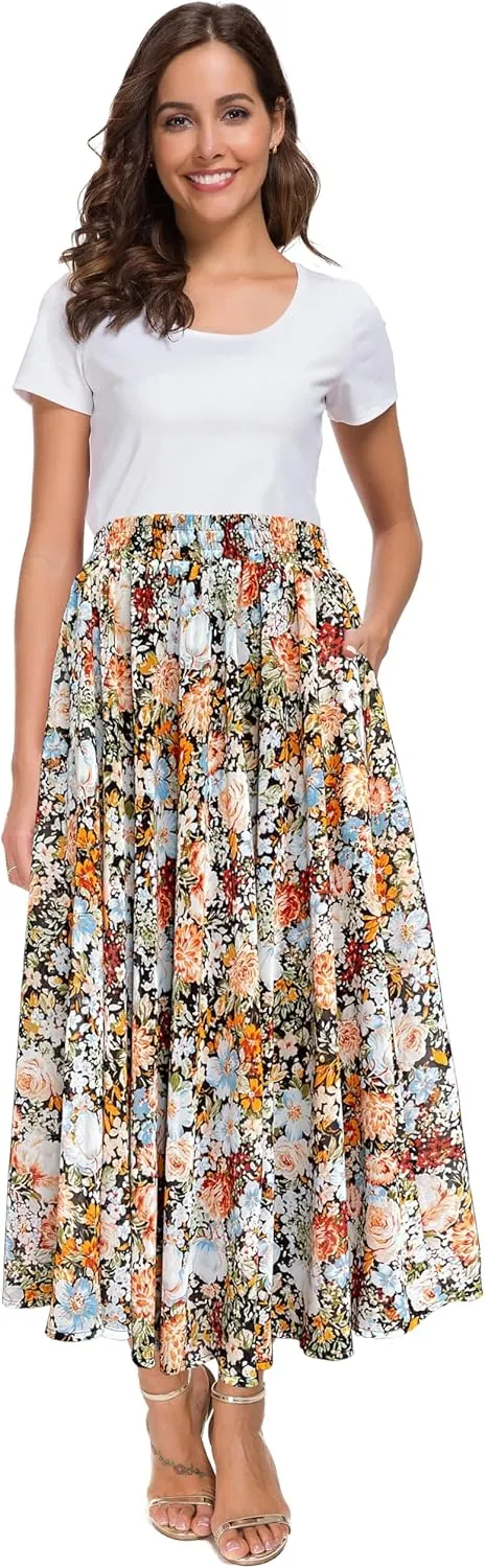 Afibi Women High Waist Floral Print Swing Chiffon Beach Midi Long Skirt with Pockets
