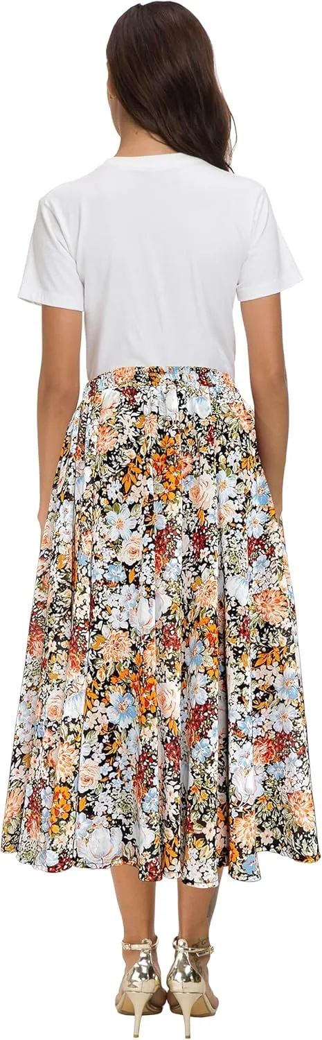 Afibi Women High Waist Floral Print Swing Chiffon Beach Midi Long Skirt with Pockets