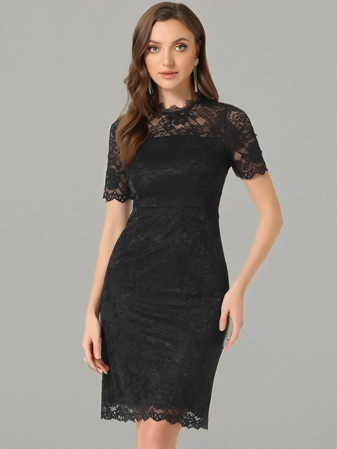 Allegra K Women's Elegant Floral Lace Dress Crew Neck Short Sleeve Cocktail Party Dresses