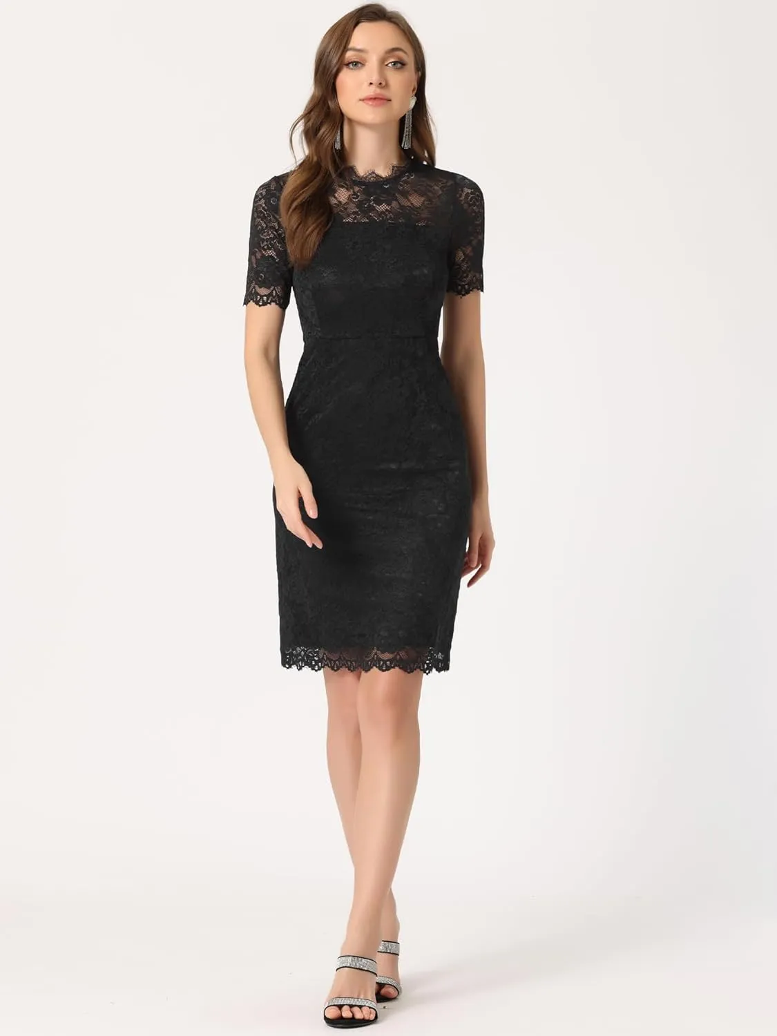 Allegra K Women's Elegant Floral Lace Dress Crew Neck Short Sleeve Cocktail Party Dresses