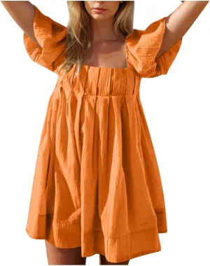 Babydoll Dress for Women 2025 Cute Puff Sleeve Square Neck Short Dresses Pleated Aline Cross Lace Up Backless Mini Dress
