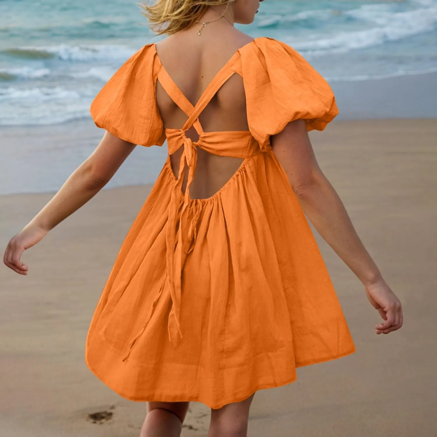 Babydoll Dress for Women 2025 Cute Puff Sleeve Square Neck Short Dresses Pleated Aline Cross Lace Up Backless Mini Dress