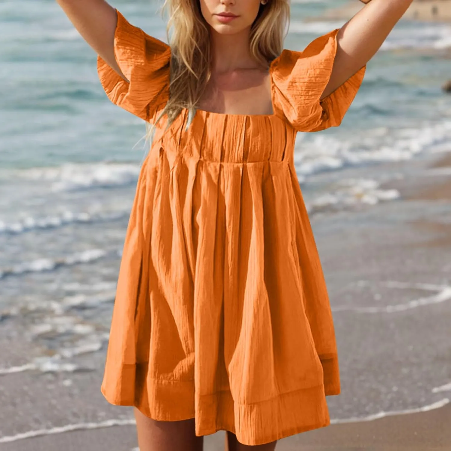 Babydoll Dress for Women 2025 Cute Puff Sleeve Square Neck Short Dresses Pleated Aline Cross Lace Up Backless Mini Dress