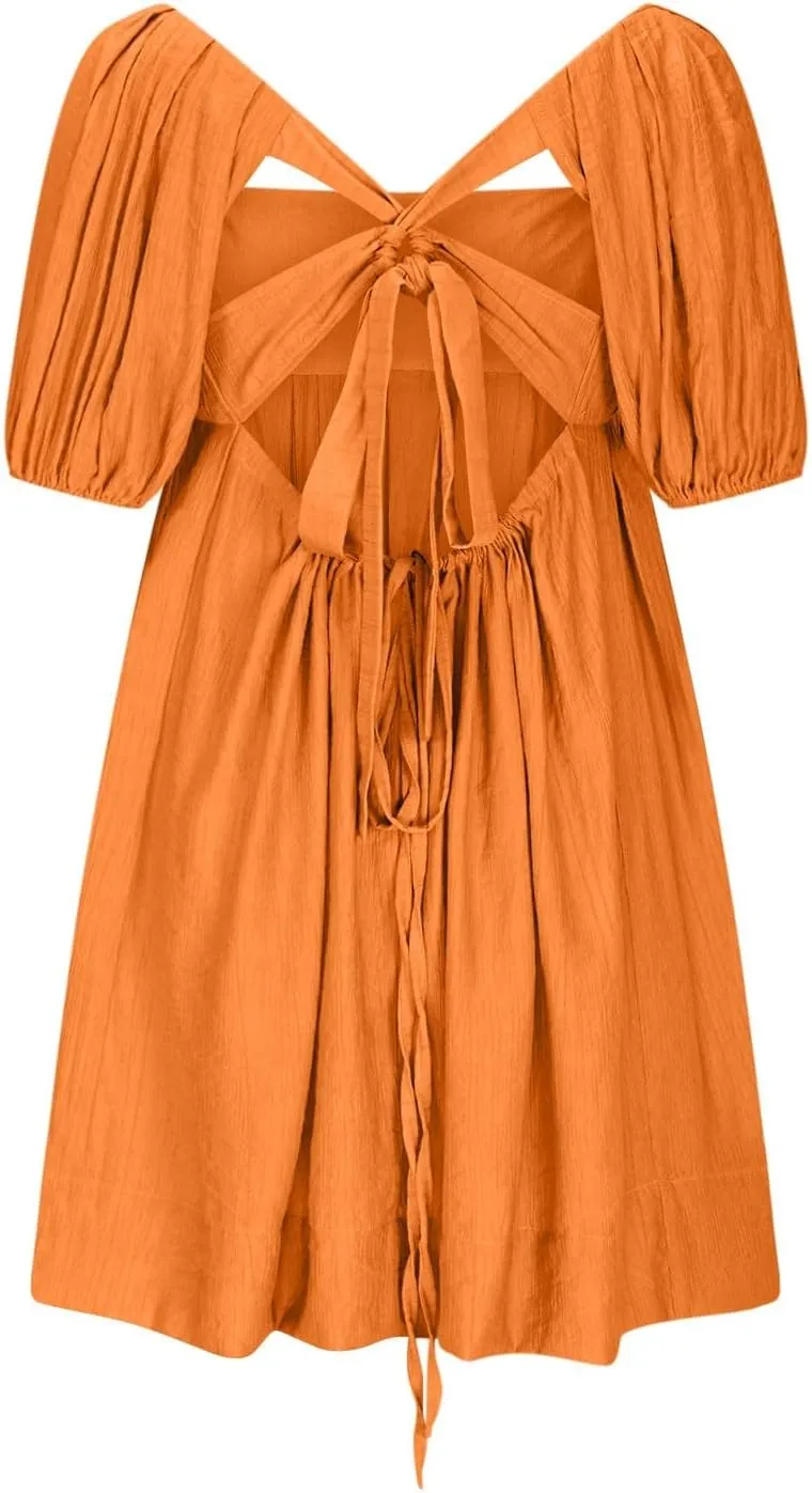 Babydoll Dress for Women 2025 Cute Puff Sleeve Square Neck Short Dresses Pleated Aline Cross Lace Up Backless Mini Dress