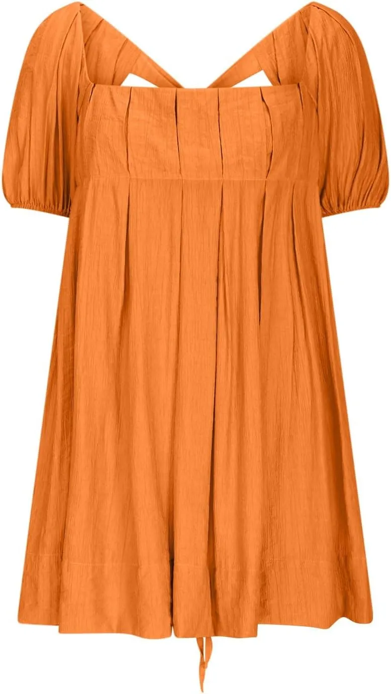 Babydoll Dress for Women 2025 Cute Puff Sleeve Square Neck Short Dresses Pleated Aline Cross Lace Up Backless Mini Dress