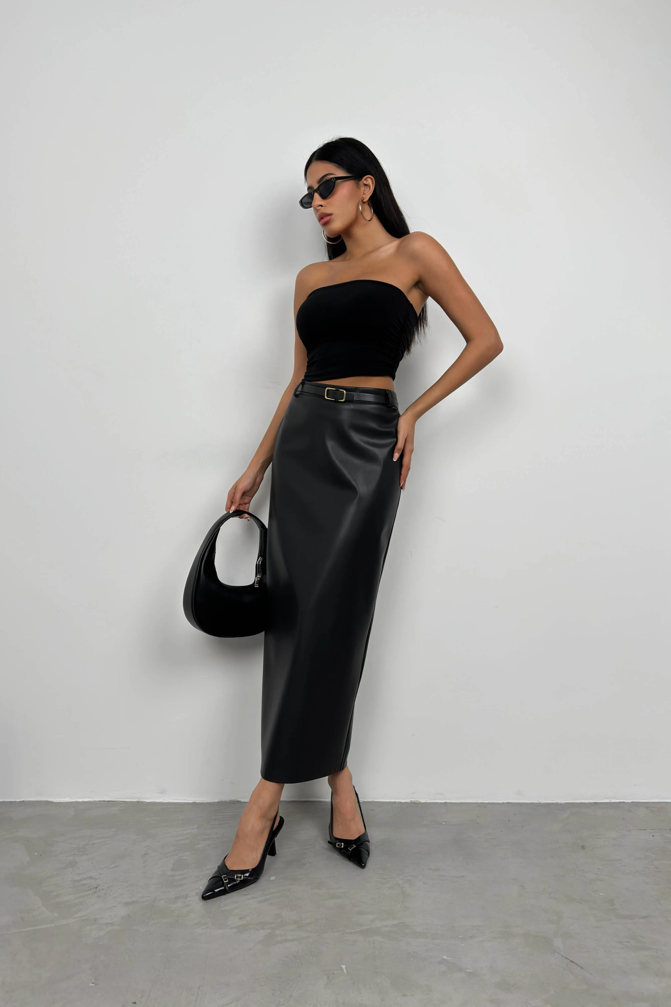 Belt Detail Leather Skirt