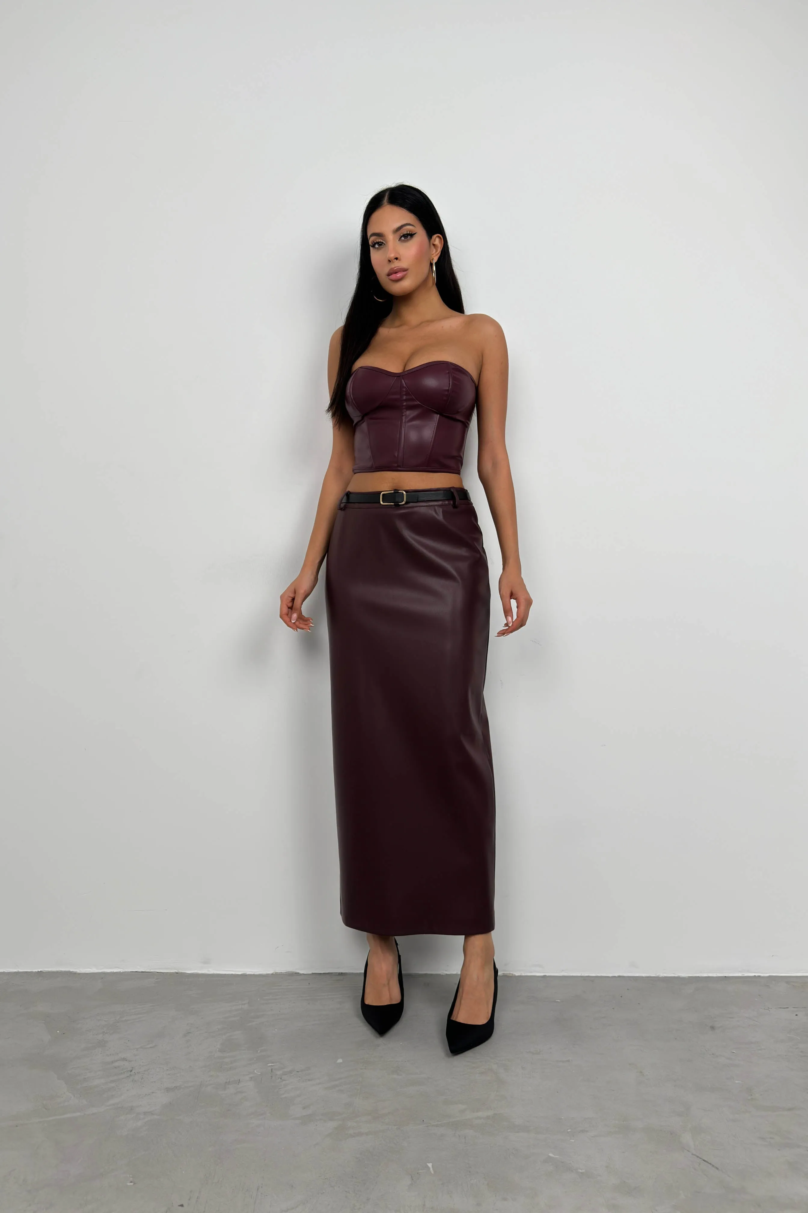 Belt Detail Leather Skirt