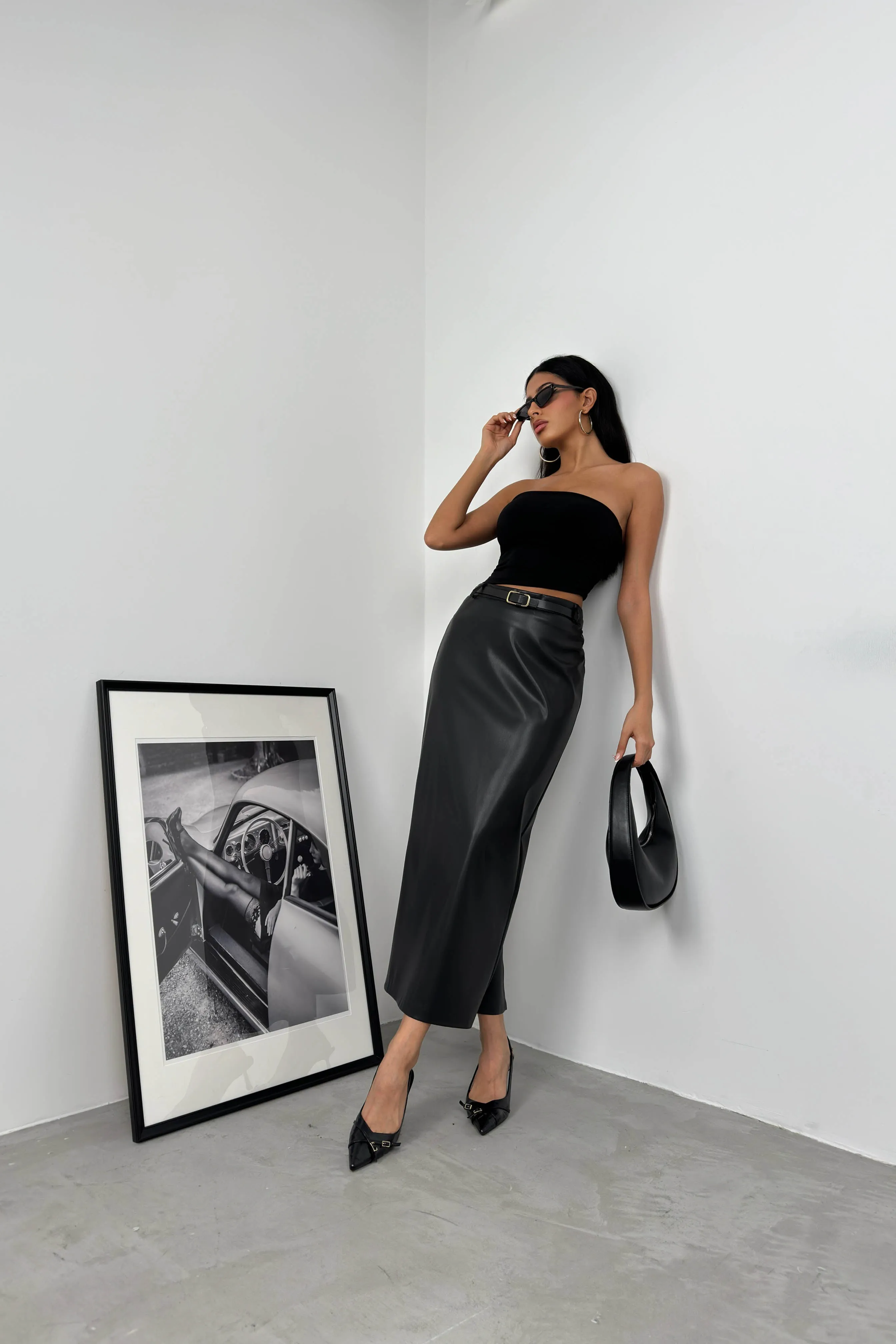 Belt Detail Leather Skirt