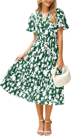 BerryGo Women's Floral Summer Short Sleeve Midi Dress V Neck Empire Waist Swing Flowy Boho Dress