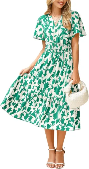 BerryGo Women's Floral Summer Short Sleeve Midi Dress V Neck Empire Waist Swing Flowy Boho Dress