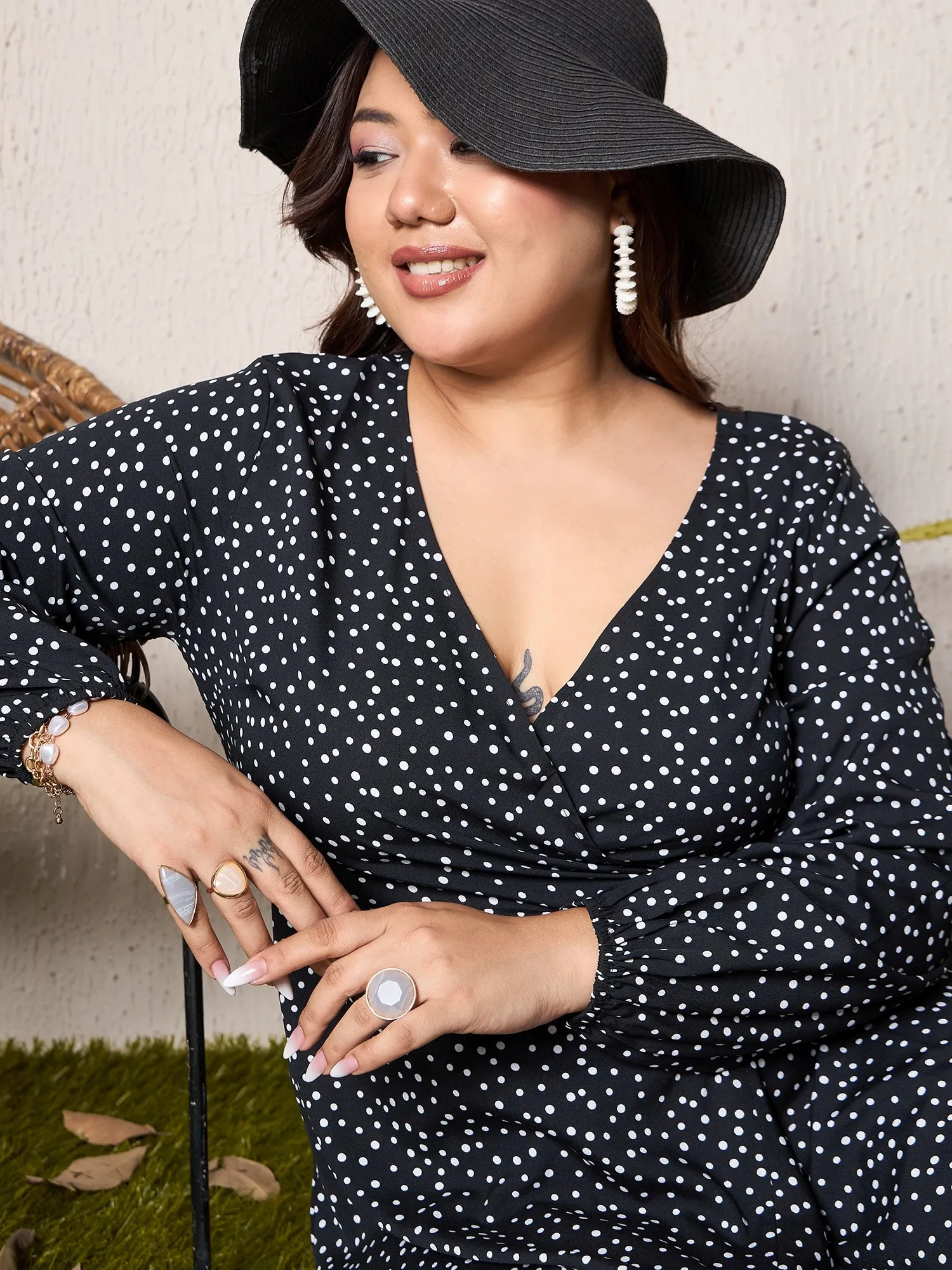 Berrylush Curve Women Black & White Polka Dot Printed V-Neck Bishop Sleeves Waist Tie-Up Tulip Hem Wrap Ruffled Maxi Dress