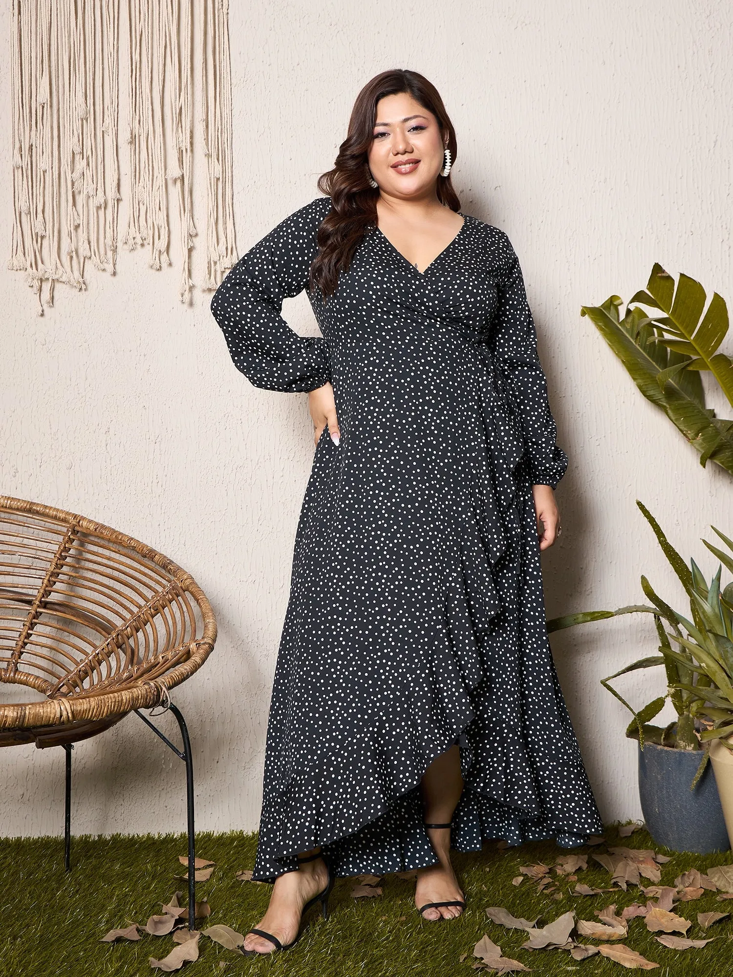 Berrylush Curve Women Black & White Polka Dot Printed V-Neck Bishop Sleeves Waist Tie-Up Tulip Hem Wrap Ruffled Maxi Dress