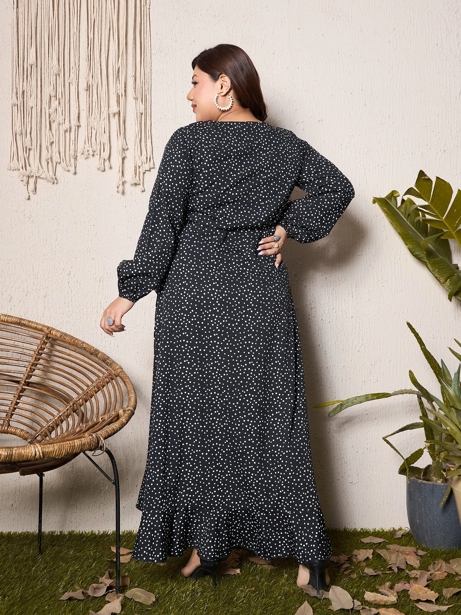 Berrylush Curve Women Black & White Polka Dot Printed V-Neck Bishop Sleeves Waist Tie-Up Tulip Hem Wrap Ruffled Maxi Dress