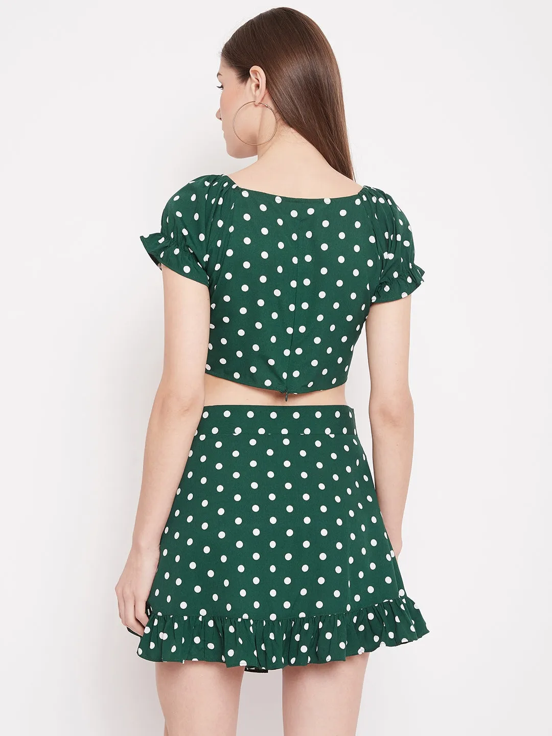 Berrylush Women Green Polka Dot Printed V-Neck Fit & Flare Co-Ordinate Mini Dress