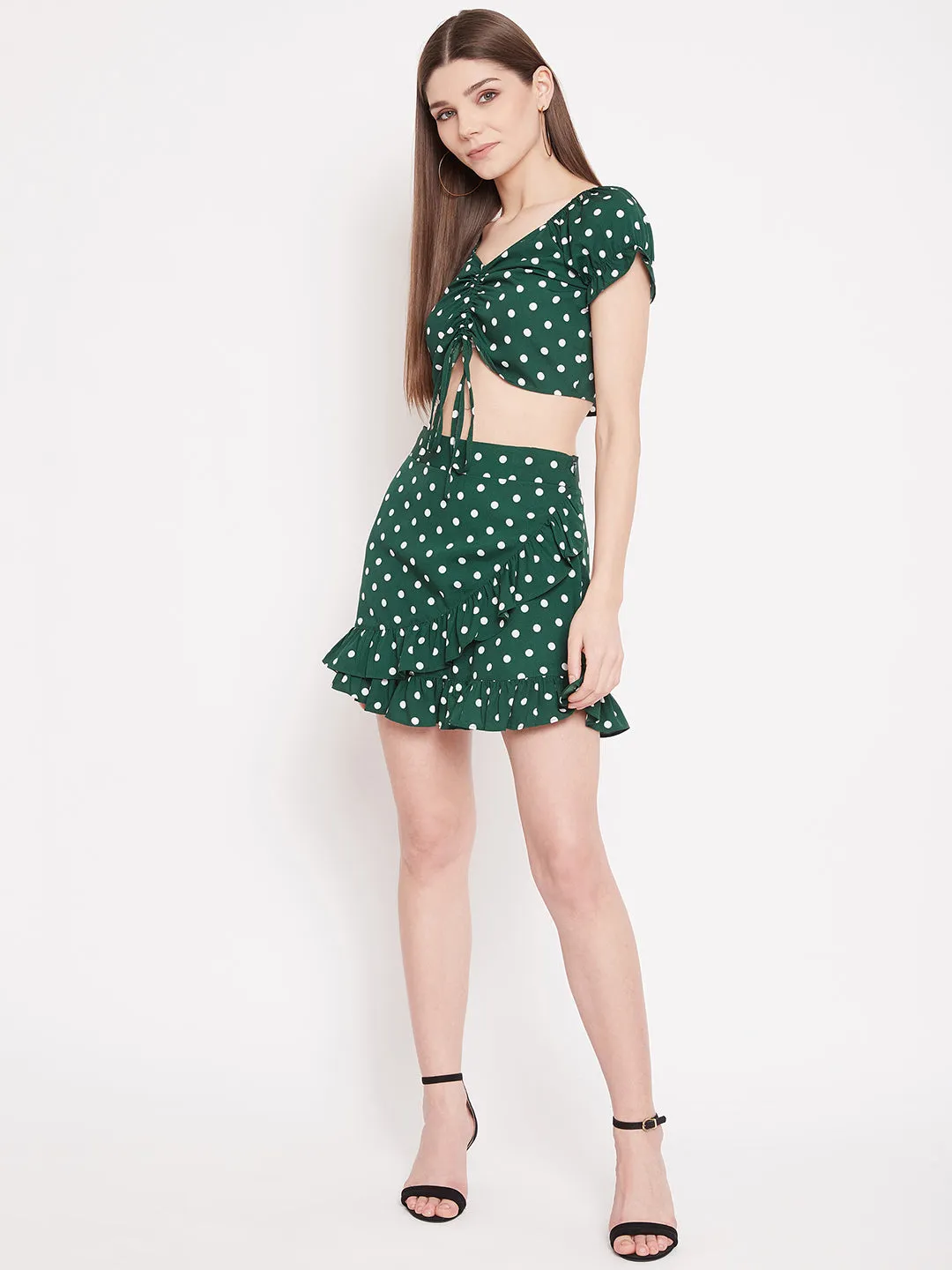 Berrylush Women Green Polka Dot Printed V-Neck Fit & Flare Co-Ordinate Mini Dress