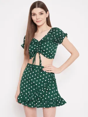 Berrylush Women Green Polka Dot Printed V-Neck Fit & Flare Co-Ordinate Mini Dress