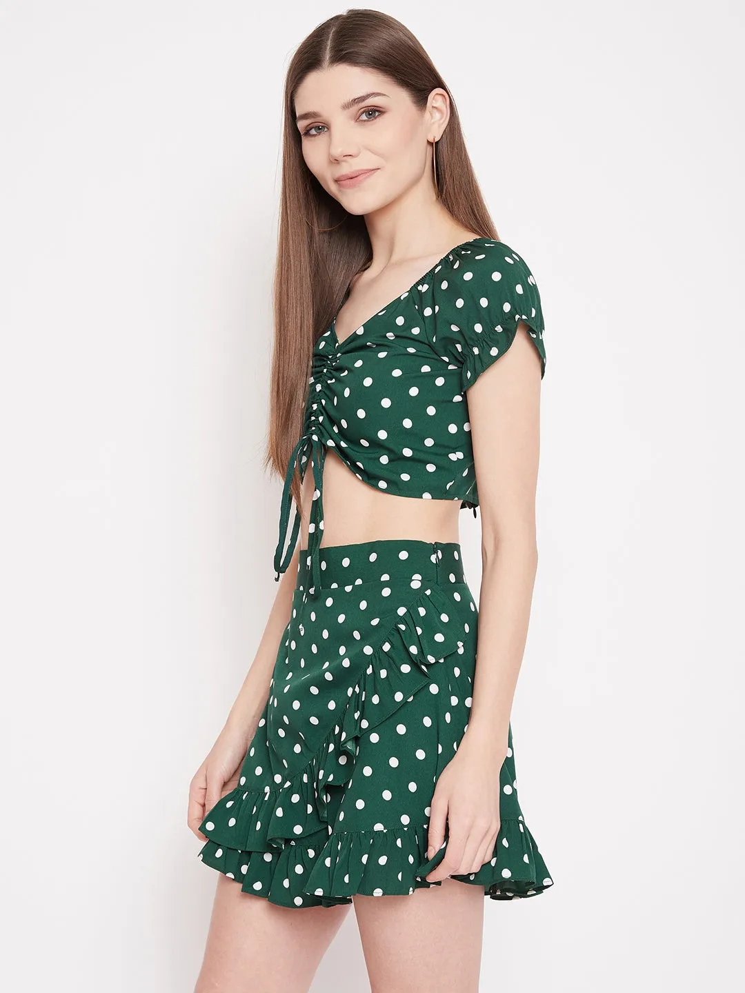 Berrylush Women Green Polka Dot Printed V-Neck Fit & Flare Co-Ordinate Mini Dress