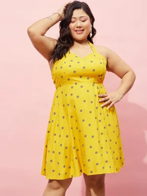 Berrylush Women Plus Size Yellow & Brown Polka Dot Printed Halter Neck Sleeveless Fit & Flare Mini Dress