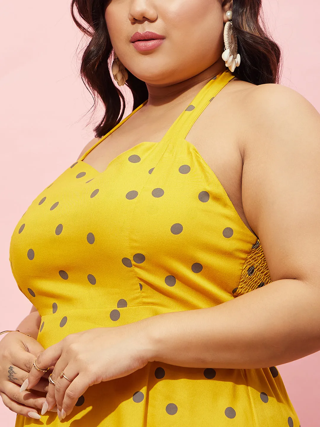 Berrylush Women Plus Size Yellow & Brown Polka Dot Printed Halter Neck Sleeveless Fit & Flare Mini Dress