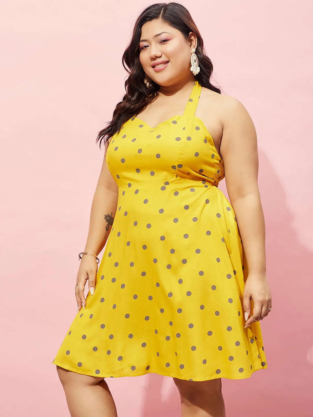 Berrylush Women Plus Size Yellow & Brown Polka Dot Printed Halter Neck Sleeveless Fit & Flare Mini Dress