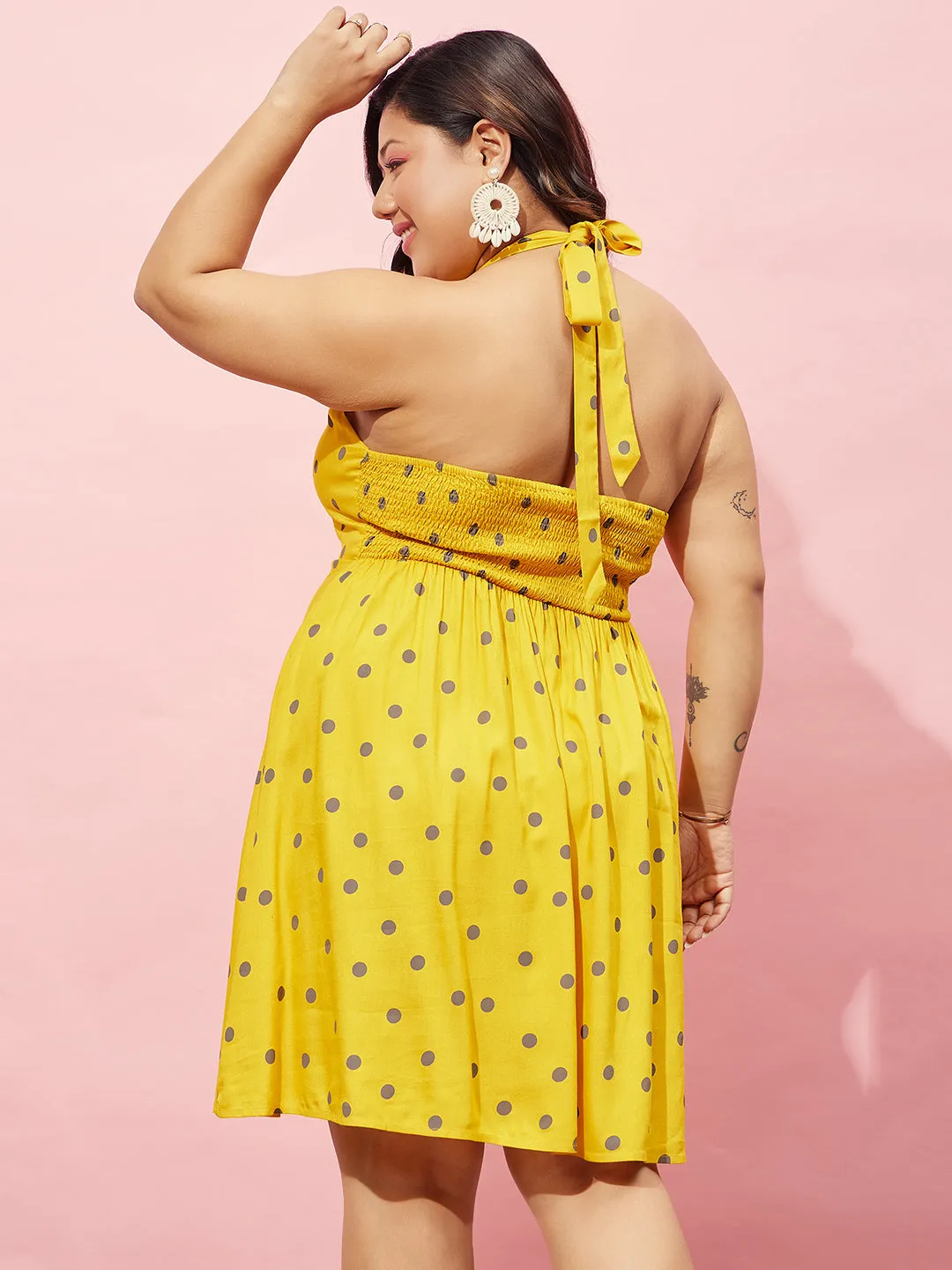 Berrylush Women Plus Size Yellow & Brown Polka Dot Printed Halter Neck Sleeveless Fit & Flare Mini Dress