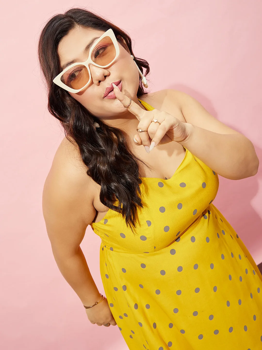 Berrylush Women Plus Size Yellow & Brown Polka Dot Printed Halter Neck Sleeveless Fit & Flare Mini Dress