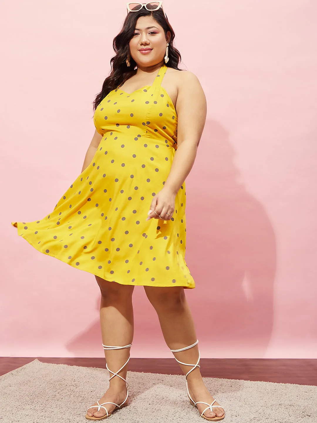Berrylush Women Plus Size Yellow & Brown Polka Dot Printed Halter Neck Sleeveless Fit & Flare Mini Dress