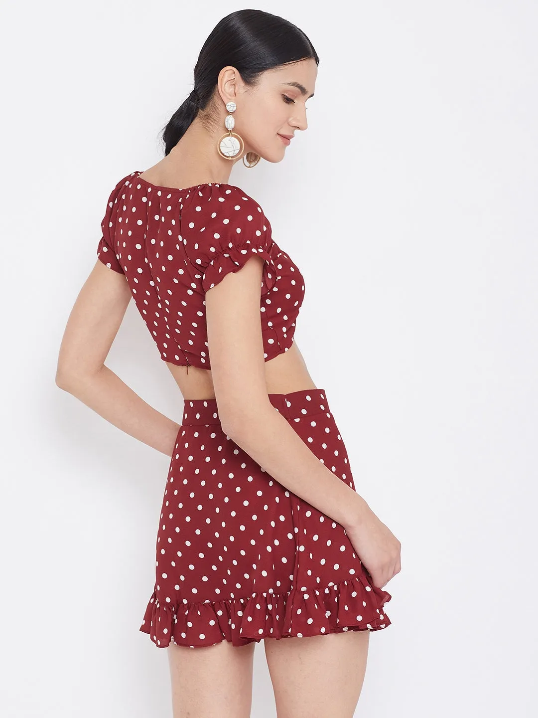Berrylush Women Red Polka Dot Printed Crop Top and Skirt Set