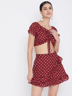 Berrylush Women Red Polka Dot Printed Crop Top and Skirt Set