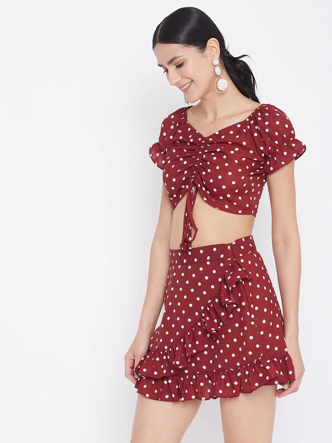 Berrylush Women Red Polka Dot Printed Crop Top and Skirt Set