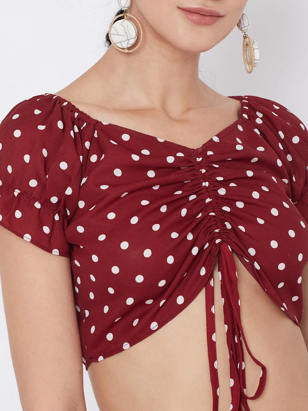 Berrylush Women Red Polka Dot Printed Crop Top and Skirt Set