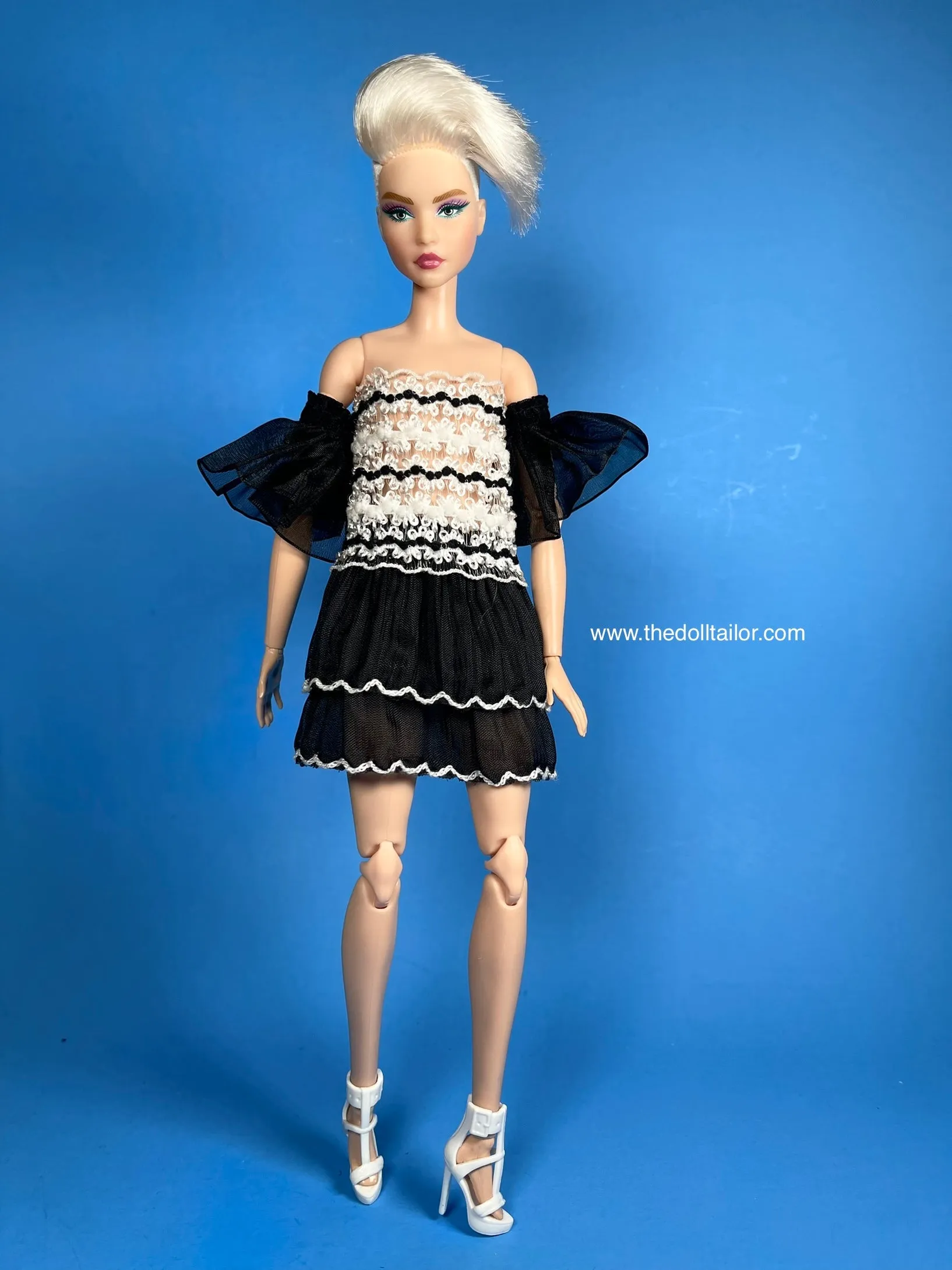Black and white dress for fashion doll lace cocktail dress for 11.5” fashion dolls ruffles dress