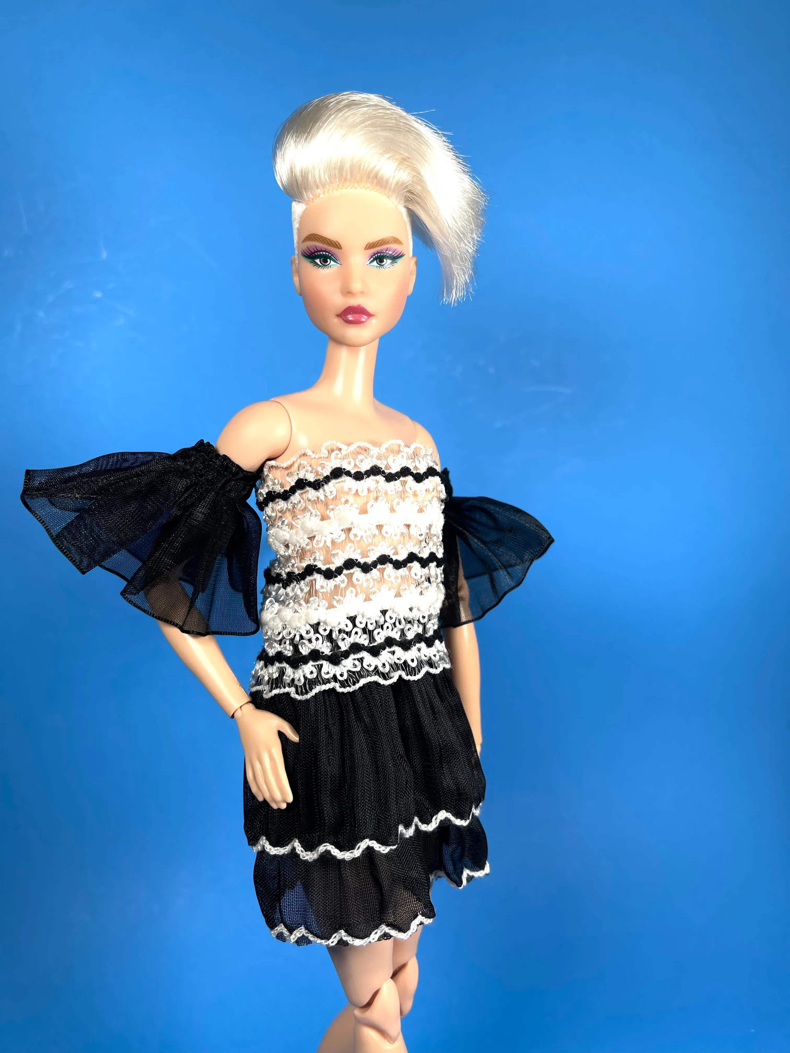 Black and white dress for fashion doll lace cocktail dress for 11.5” fashion dolls ruffles dress