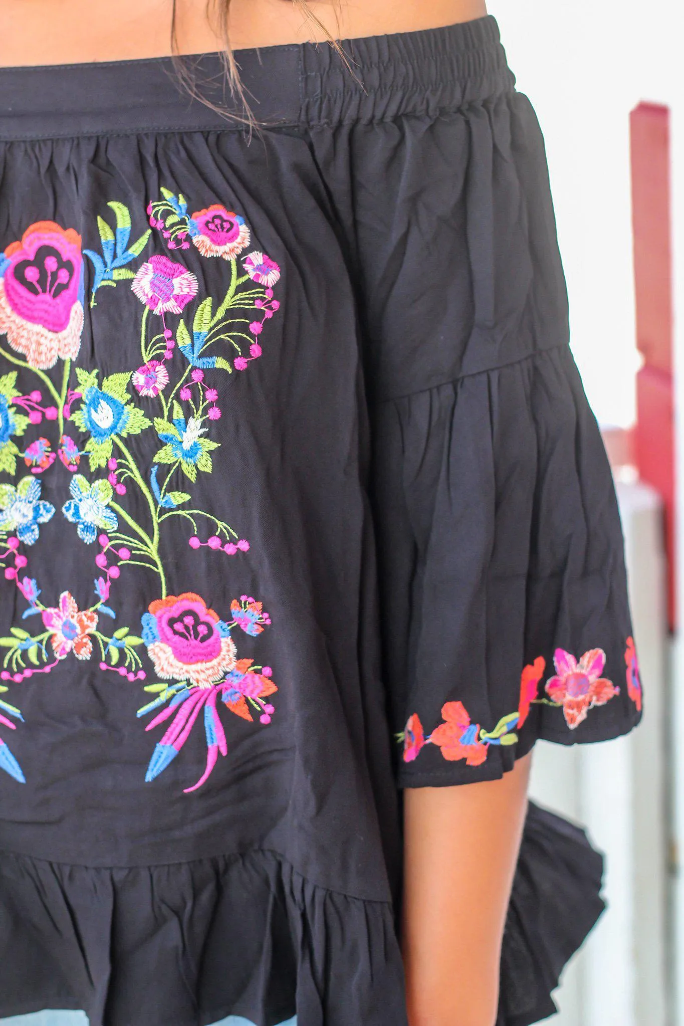Black Embroidered Off Shoulder Top