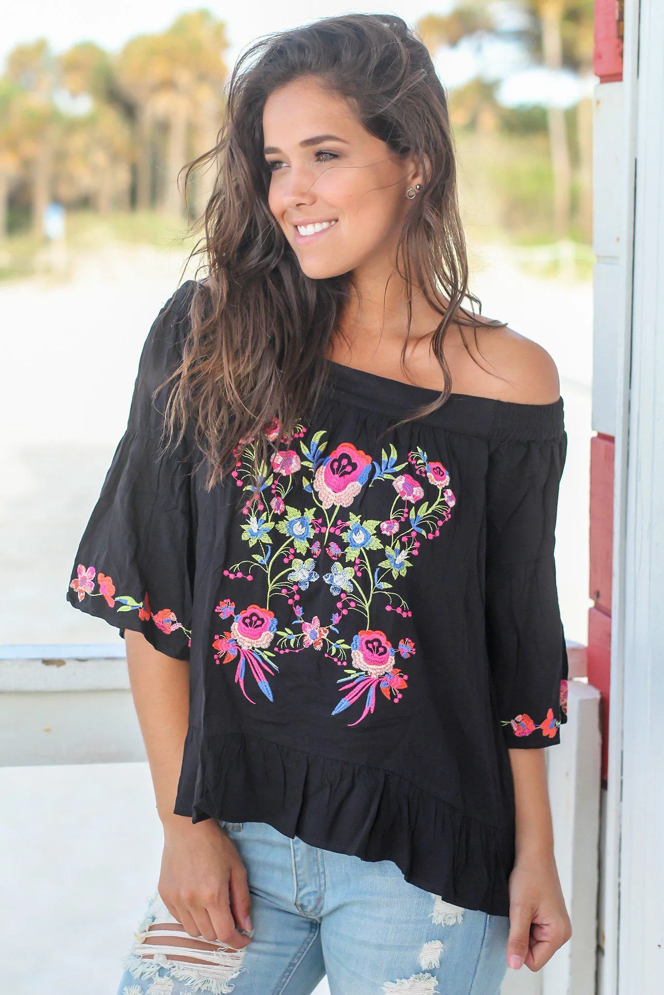 Black Embroidered Off Shoulder Top