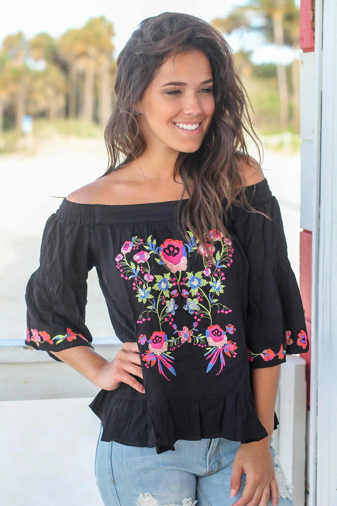 Black Embroidered Off Shoulder Top