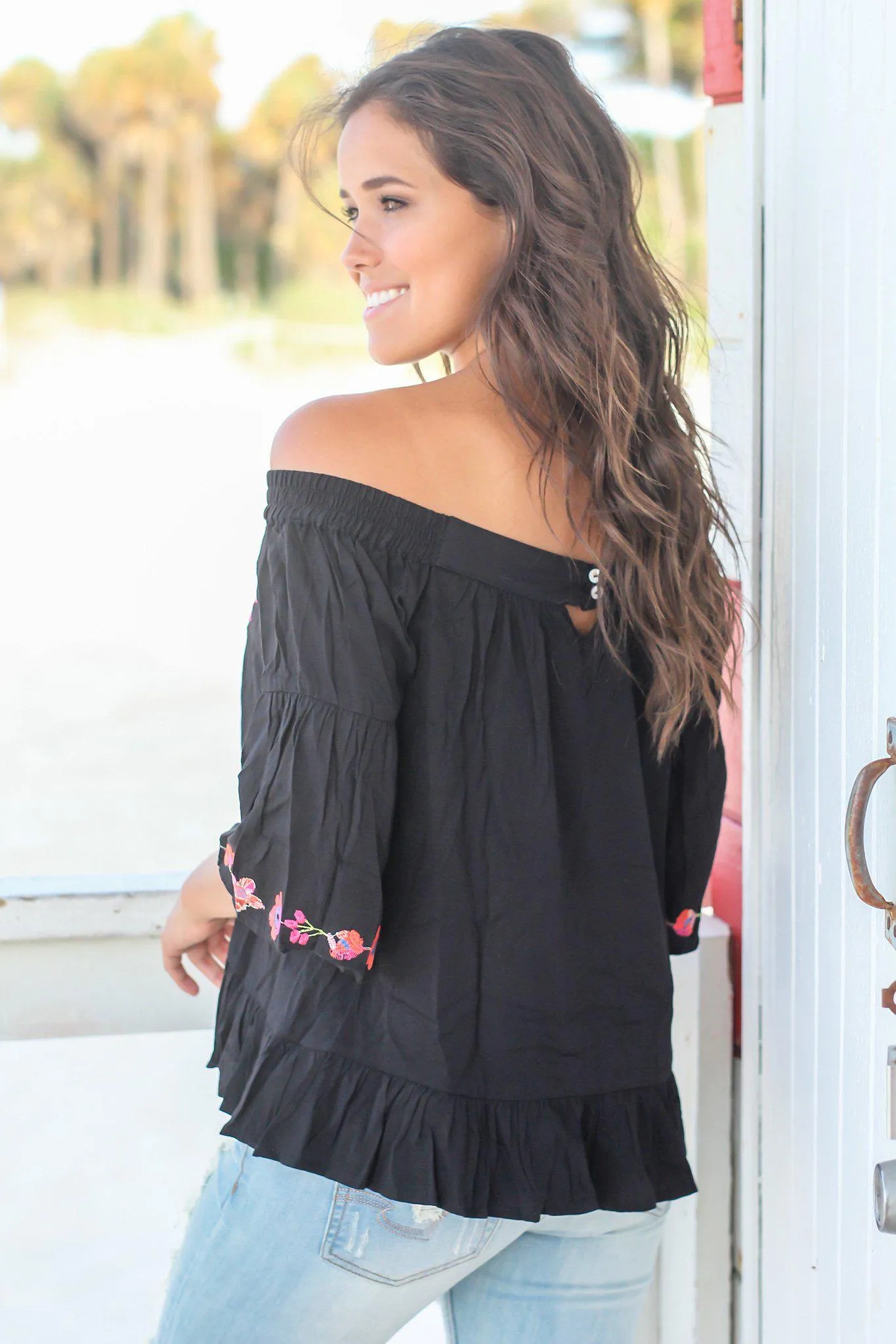 Black Embroidered Off Shoulder Top