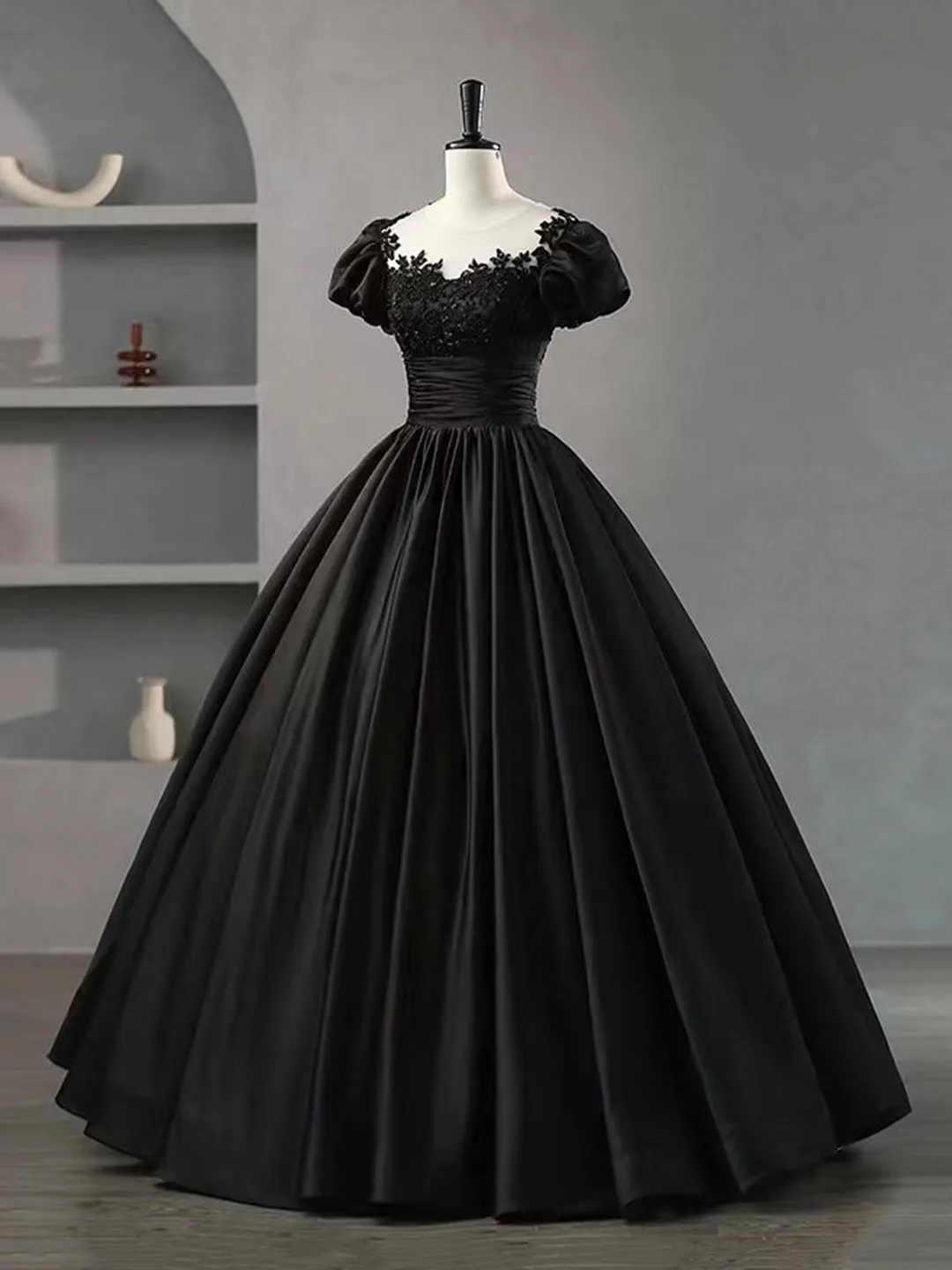 Black Scoop Neckline Satin Lace Long Prom Dress A-Line Short Sleeve Party Dress