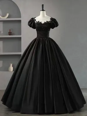 Black Scoop Neckline Satin Lace Long Prom Dress A-Line Short Sleeve Party Dress