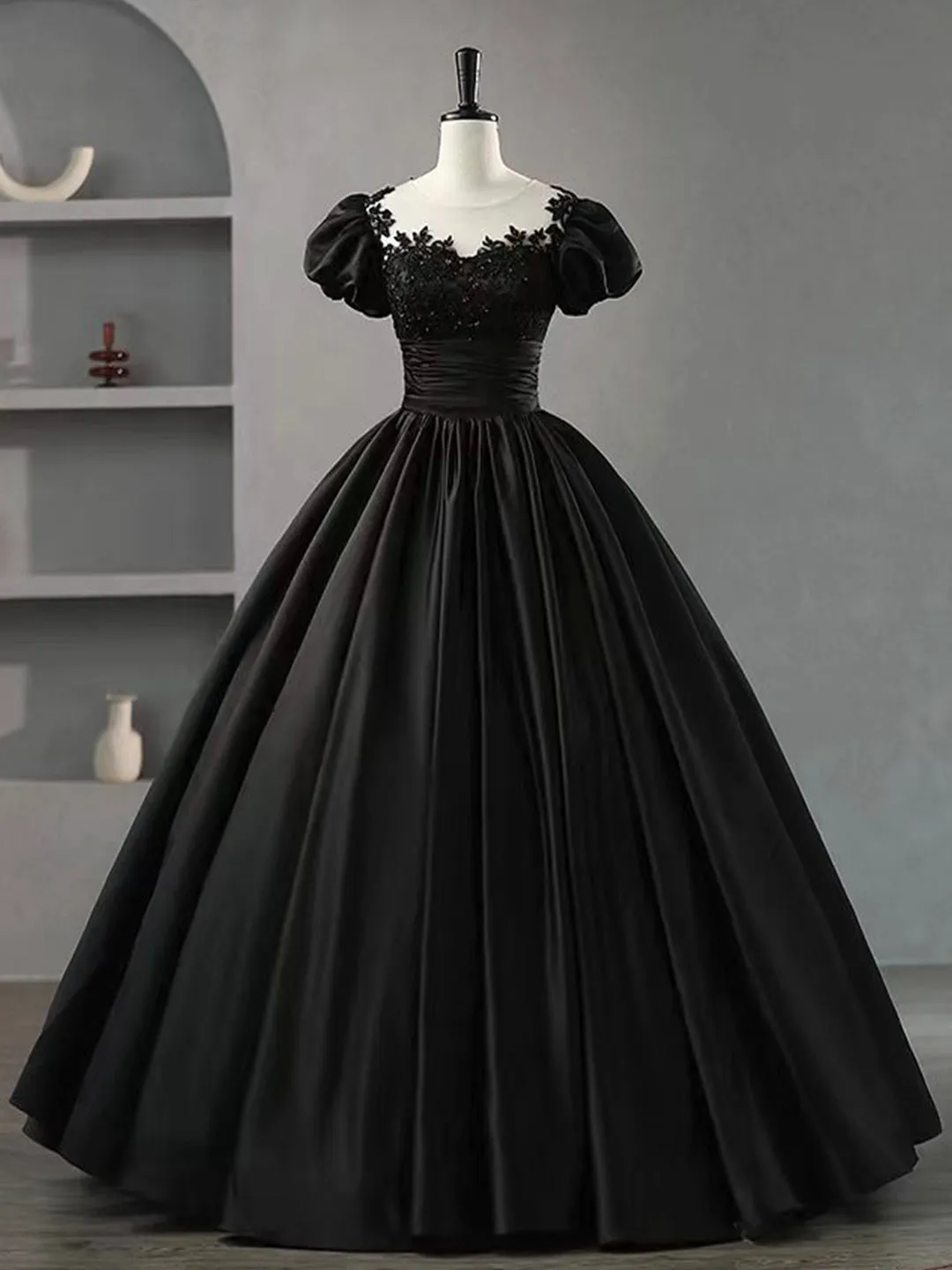 Black Scoop Neckline Satin Lace Long Prom Dress A-Line Short Sleeve Party Dress