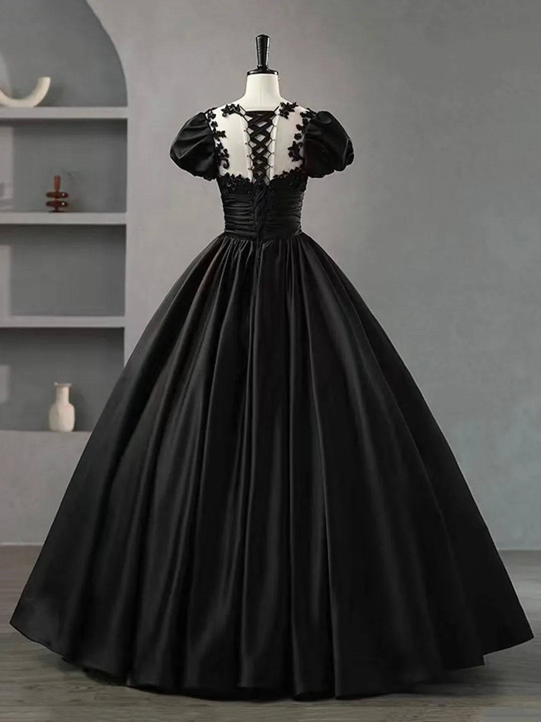 Black Scoop Neckline Satin Lace Long Prom Dress A-Line Short Sleeve Party Dress