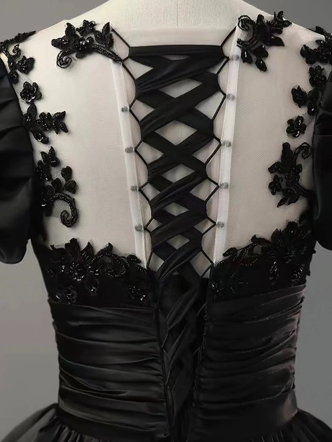 Black Scoop Neckline Satin Lace Long Prom Dress A-Line Short Sleeve Party Dress